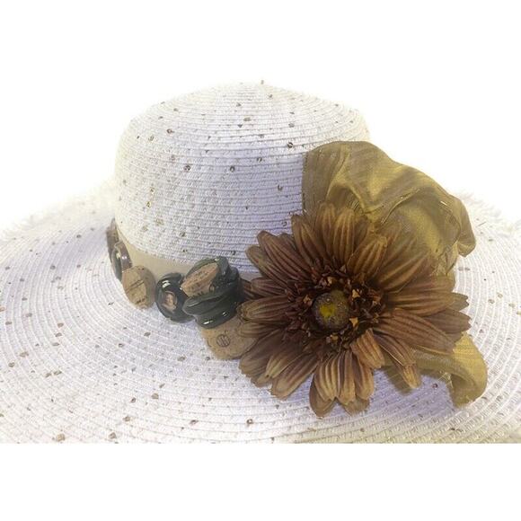Falls Creek Women's Summer Hat  Wine Motif With Sunflower White & Tan Wide Brim - Picture 1 of 8